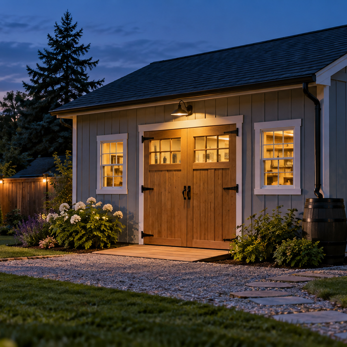 Quiet detached backyard workshop at evening