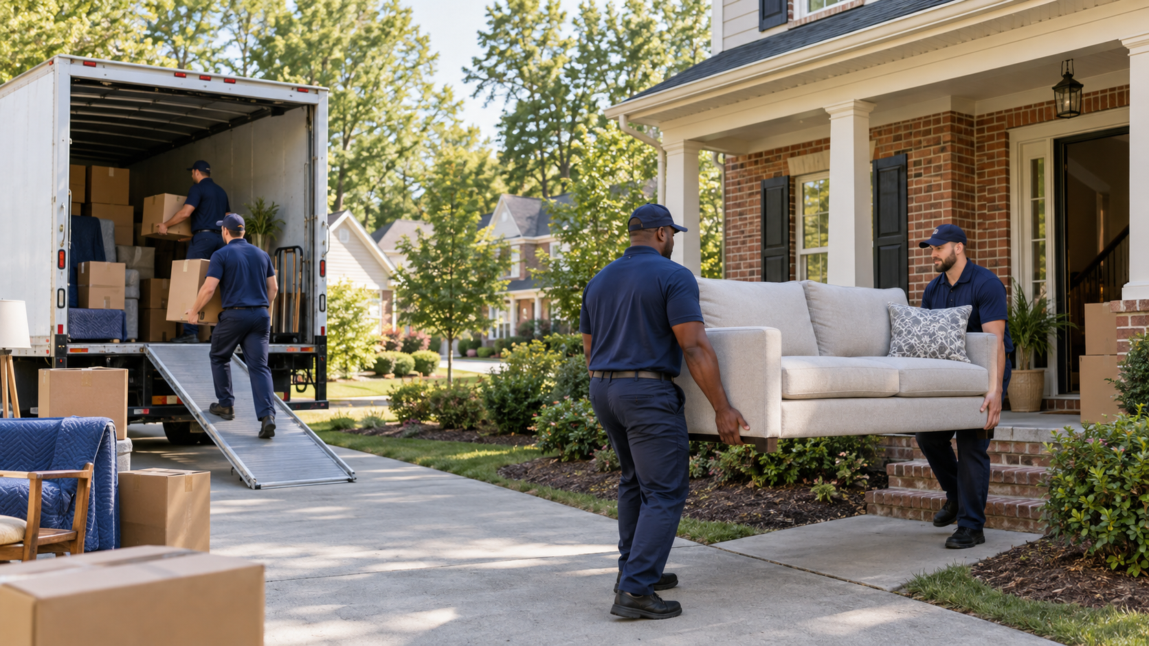 Professional movers carrying furniture outside a Raleigh home