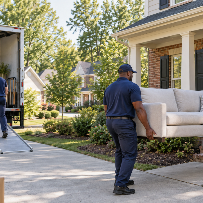 Professional movers carrying furniture outside a Raleigh home