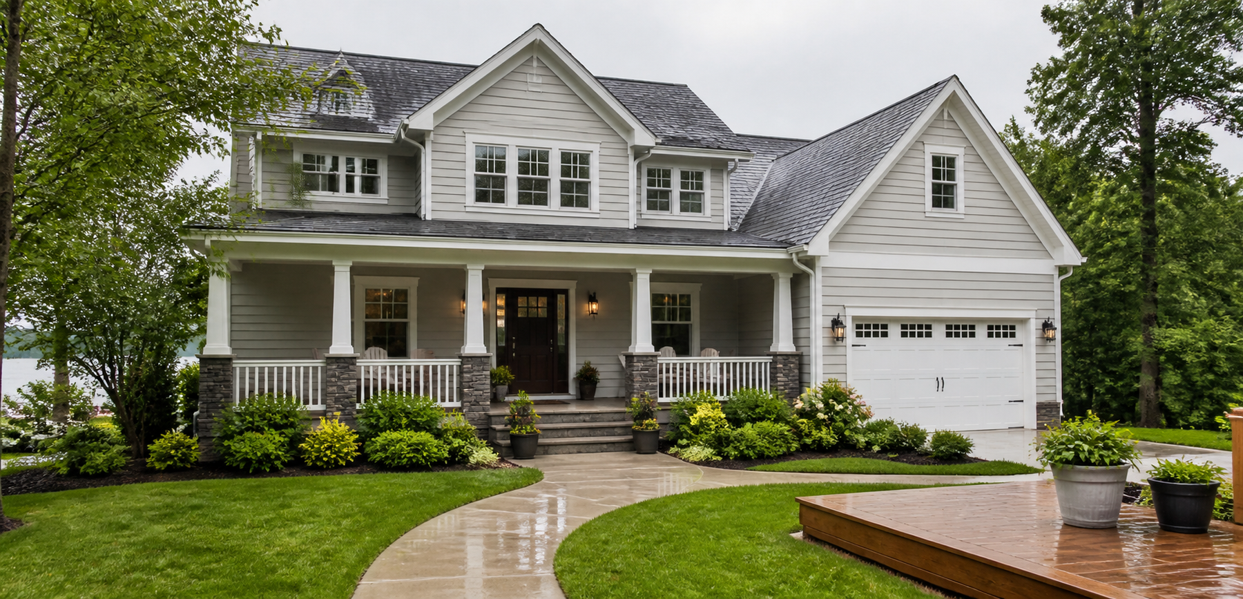 Clean home exterior, walkway, deck and landscaping after routine seasonal maintenance