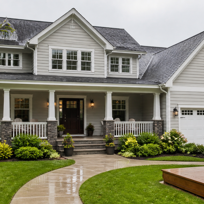 Clean home exterior, walkway, deck and landscaping after routine seasonal maintenance