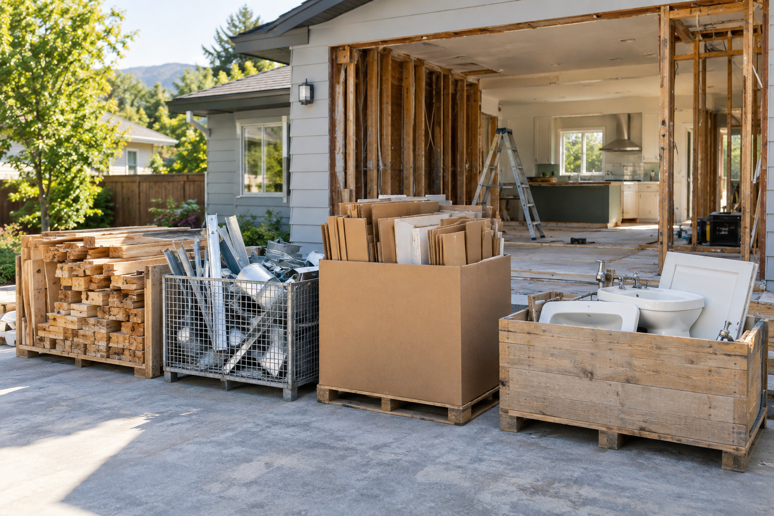 Organized home renovation site with separated wood, metal, cardboard, and debris