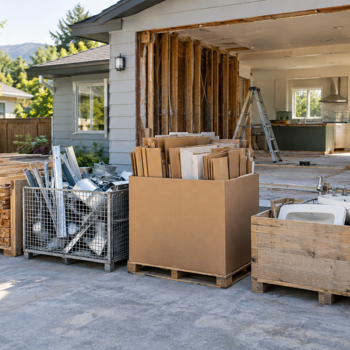 Organized home renovation site with separated wood, metal, cardboard, and debris