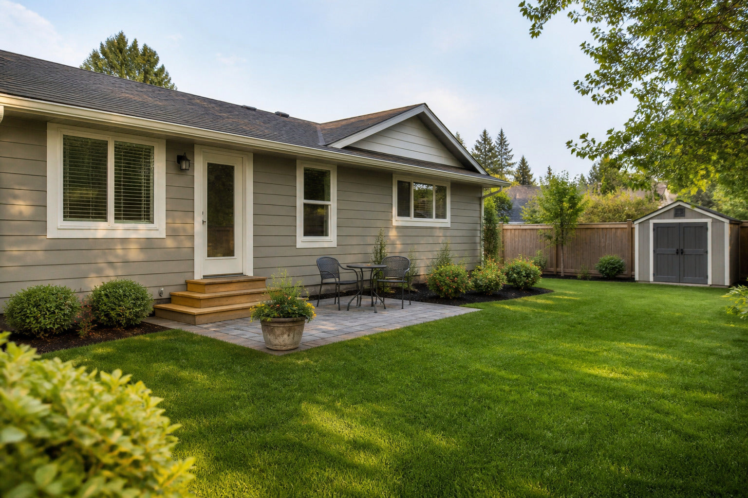 Home with a lawn, small patio, planted borders, and a backyard shed