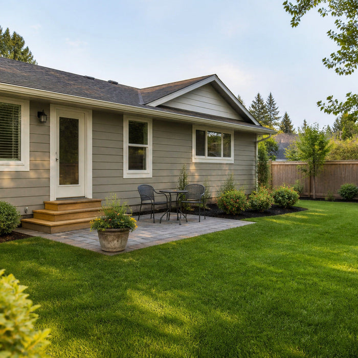 Home with a lawn, small patio, planted borders, and a backyard shed