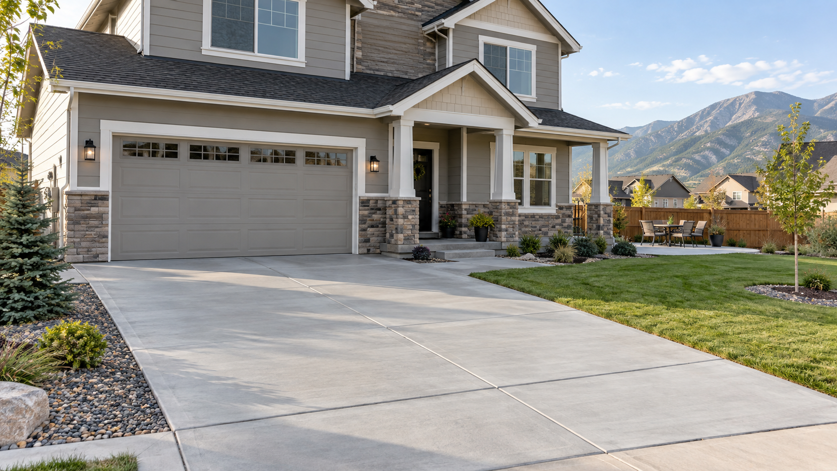 New home with a finished concrete driveway, walkway, and patio