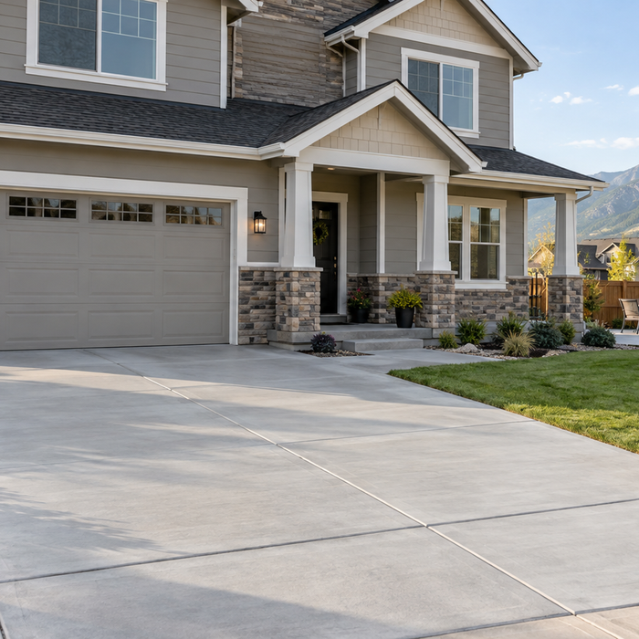New home with a finished concrete driveway, walkway, and patio
