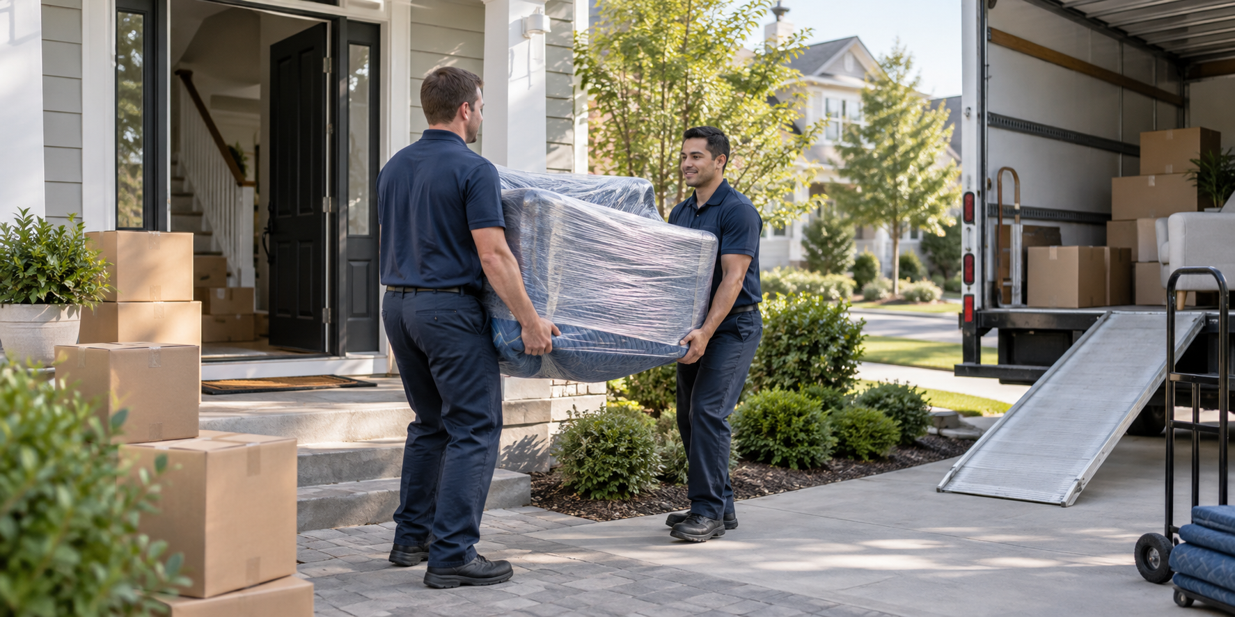 Professional residential movers loading a truck outside a Florida home