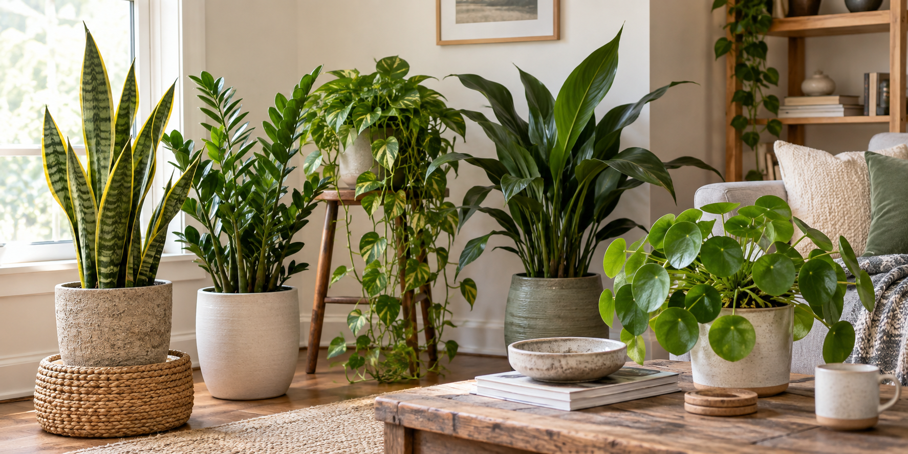 Resilient indoor houseplants arranged in a bright residential living room