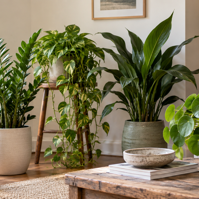 Resilient indoor houseplants arranged in a bright residential living room