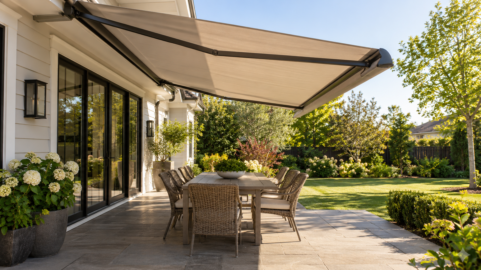 Retractable awning shading a sunny backyard patio