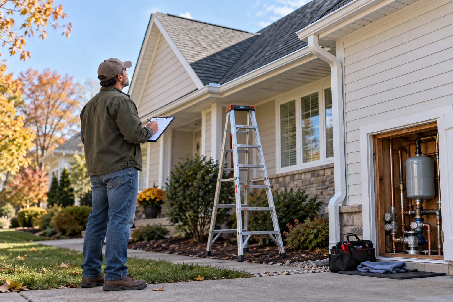 Homeowner inspecting roof shingles and indoor plumbing before costly damage