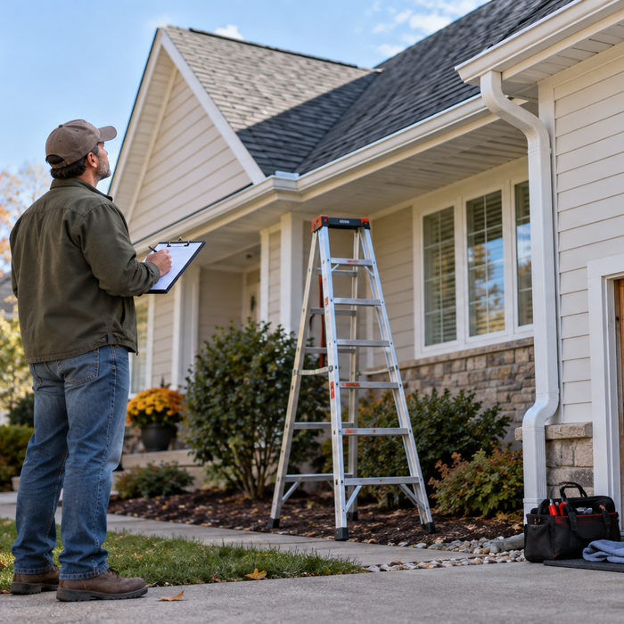 Homeowner inspecting roof shingles and indoor plumbing before costly damage