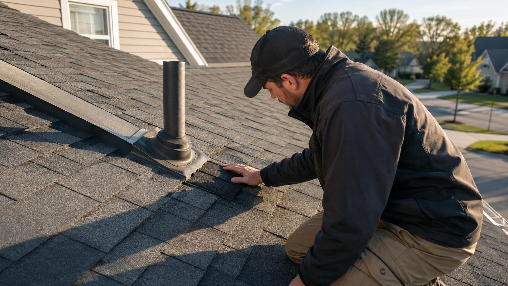 Roofer inspecting a localized shingle repair beside roof flashing and a plumbing vent