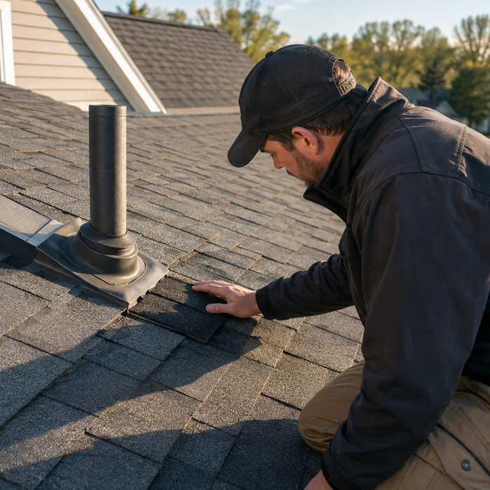 Roofer inspecting a localized shingle repair beside roof flashing and a plumbing vent