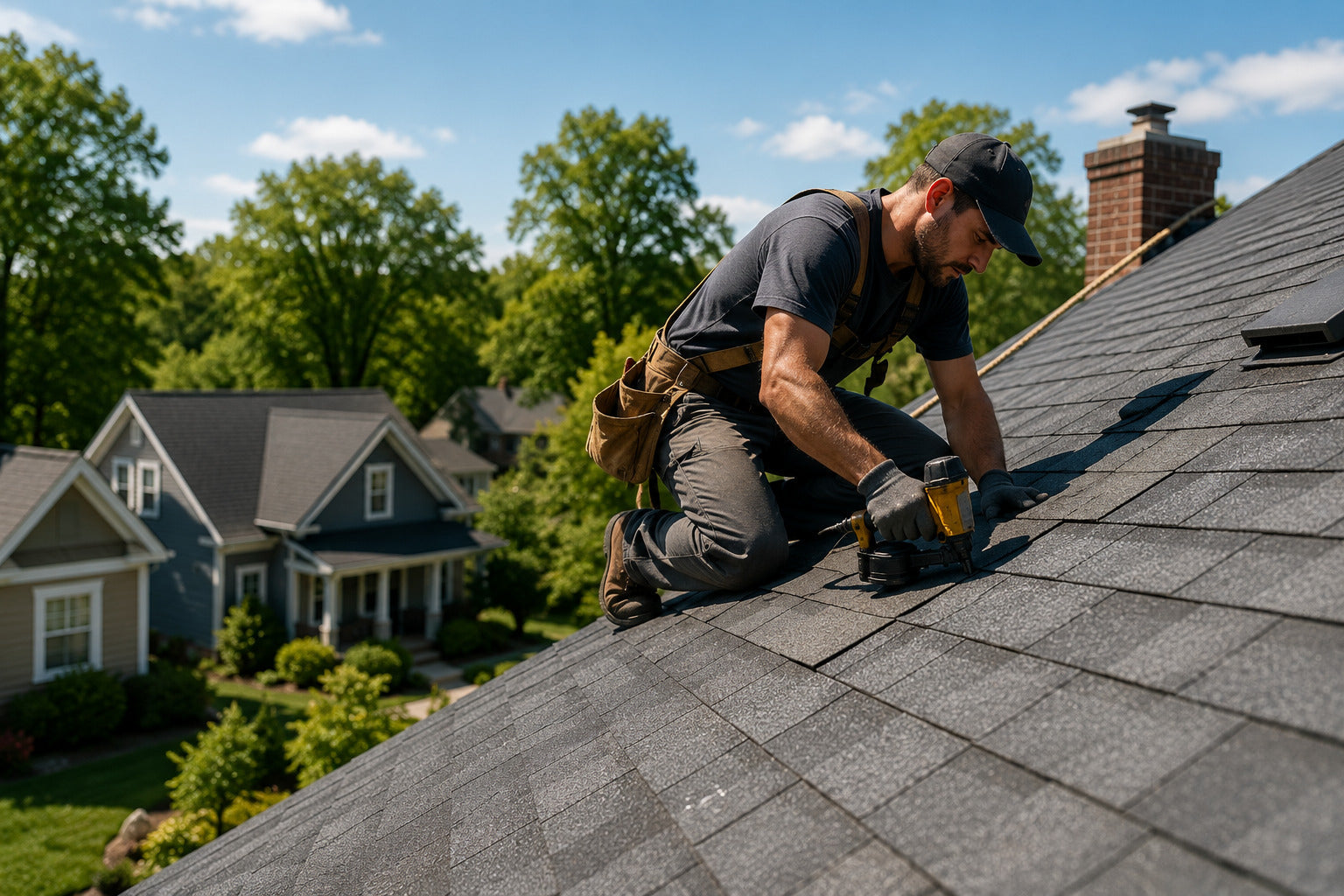 Roofer working on dark shingles on a pitched residential roof