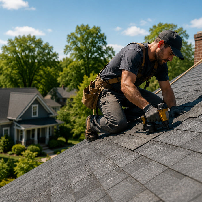 Roofer working on dark shingles on a pitched residential roof