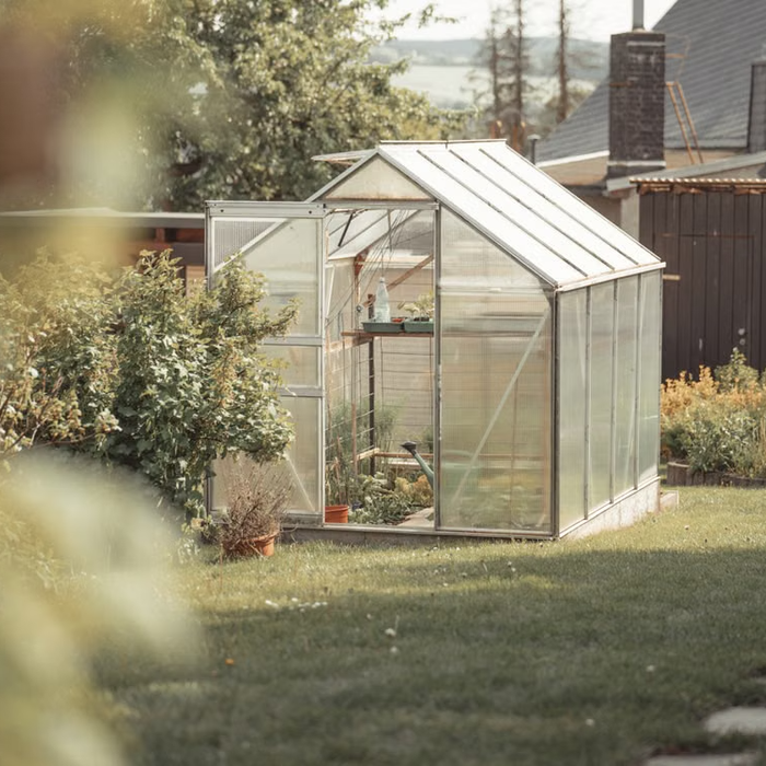 Small backyard greenhouse supplied by a planned outdoor water line