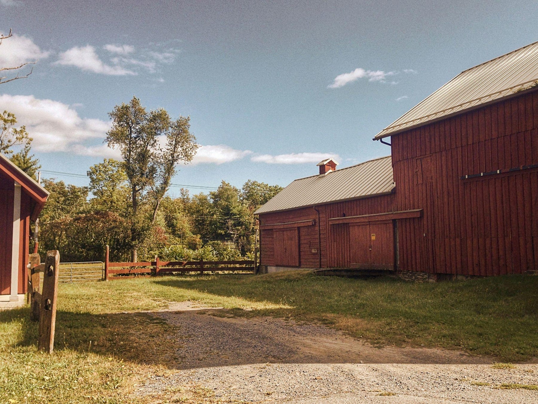 Large wooden barn beside trees and a grassy homestead yard
