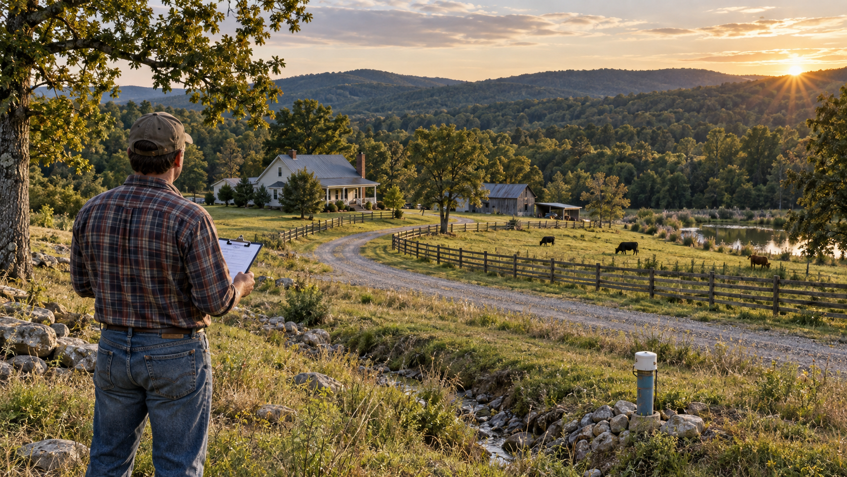 A rural landowner reviewing a property with a farmhouse, access road, pasture, drainage, and well