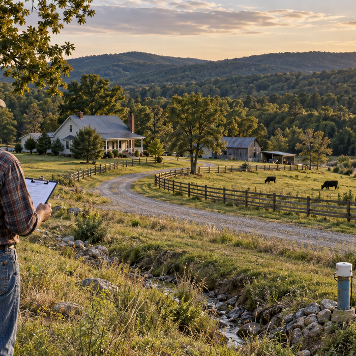 A rural landowner reviewing a property with a farmhouse, access road, pasture, drainage, and well
