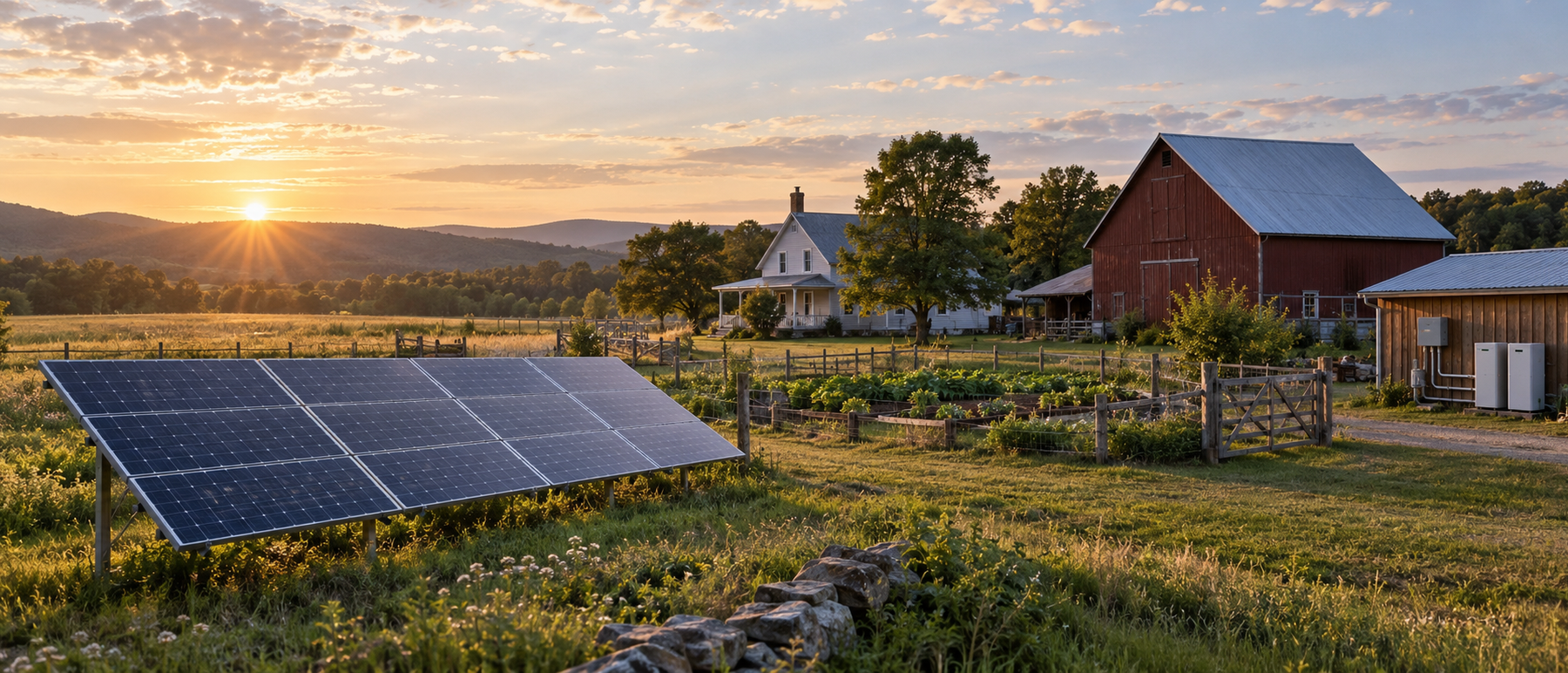 Ground-mounted solar array on a rural homestead with a farmhouse and barn