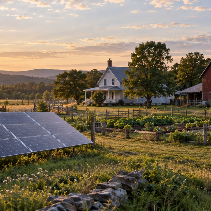 Ground-mounted solar array on a rural homestead with a farmhouse and barn