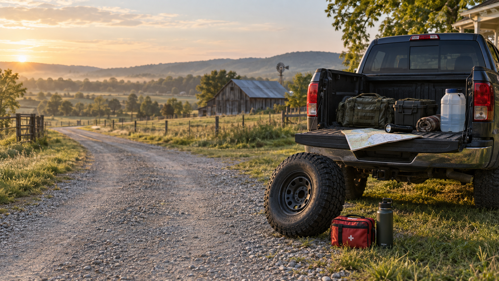 Pickup and emergency supplies prepared beside a rural gravel road