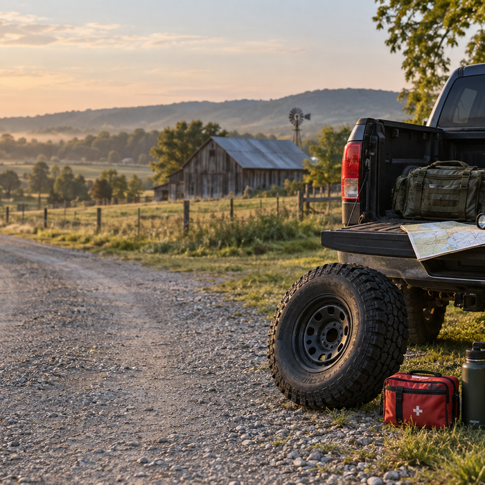 Pickup and emergency supplies prepared beside a rural gravel road