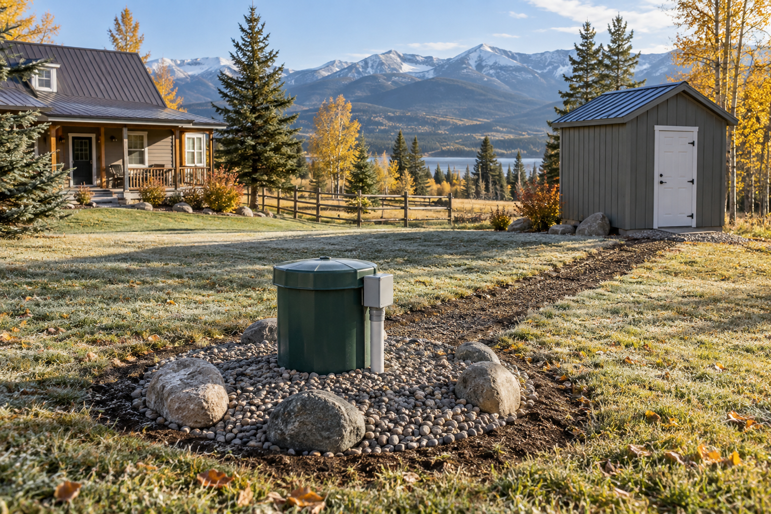 Protected private well system at a cold-climate rural homestead in autumn