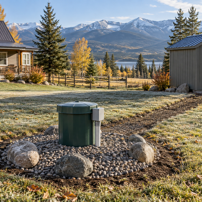 Protected private well system at a cold-climate rural homestead in autumn