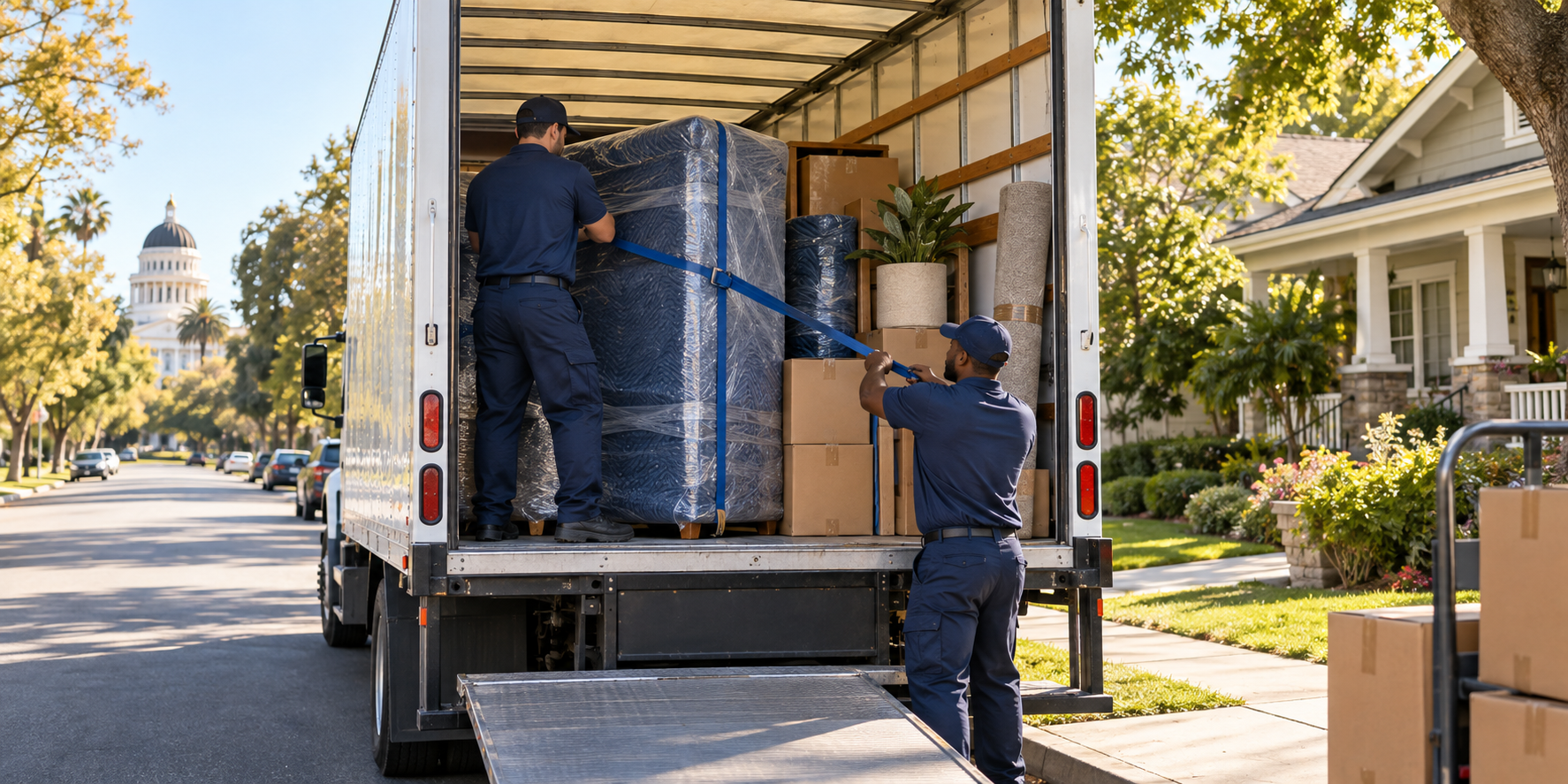 Professional movers securing furniture inside a truck outside a Sacramento home