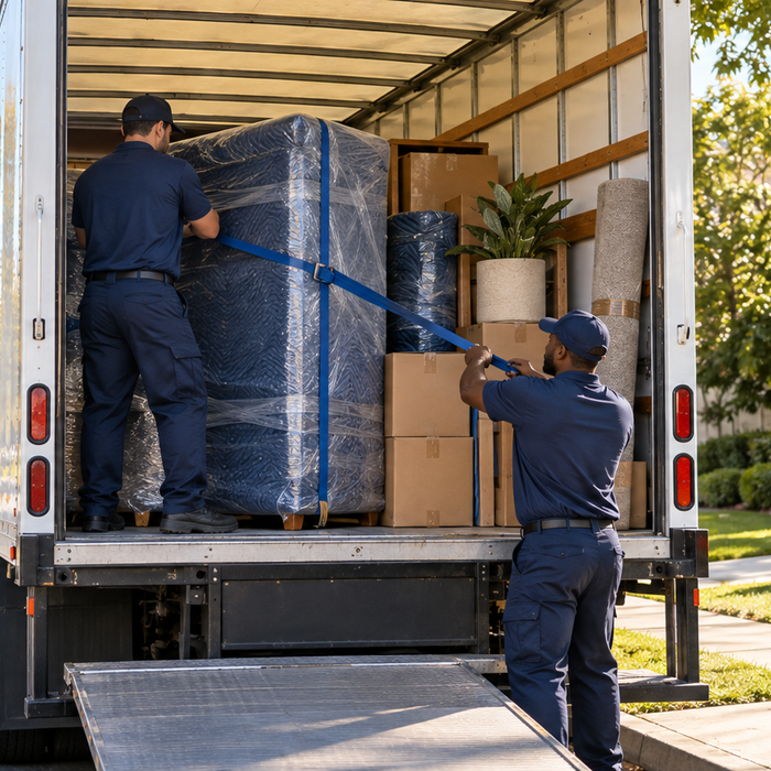 Professional movers securing furniture inside a truck outside a Sacramento home