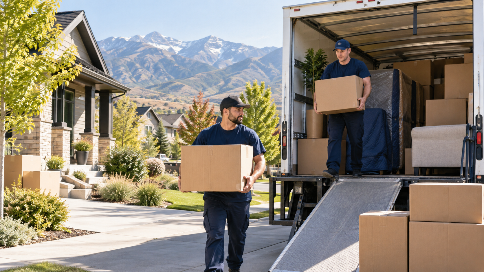 Professional movers loading boxes outside a Salt Lake City home