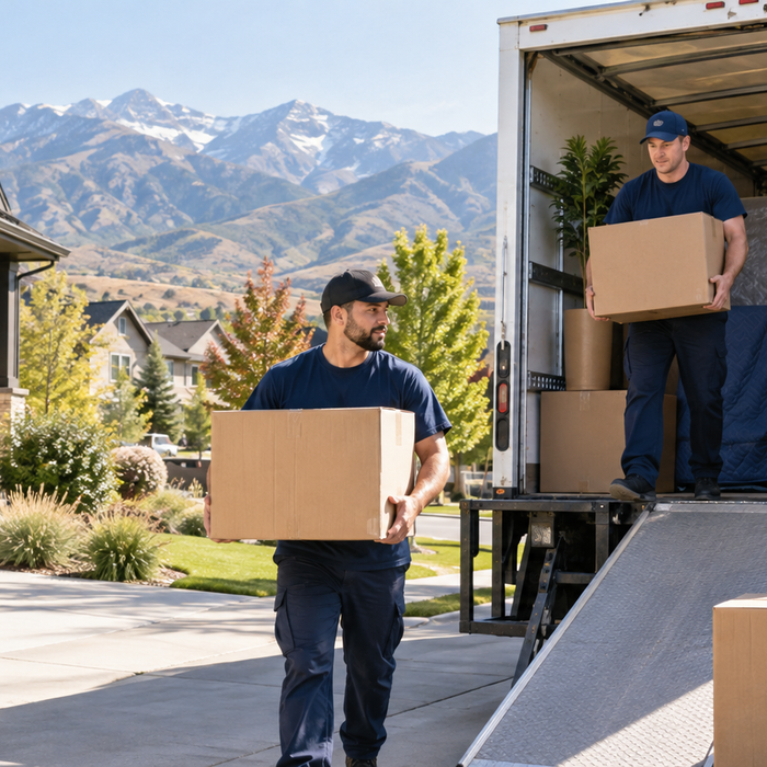 Professional movers loading boxes outside a Salt Lake City home