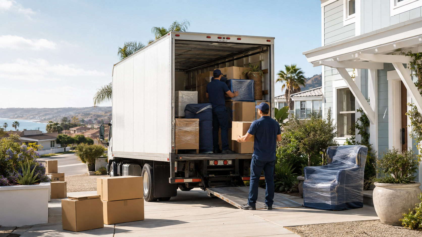 Professional movers loading a truck outside a San Diego home