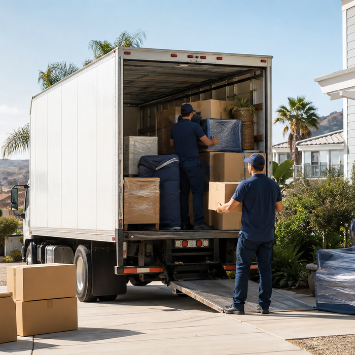 Professional movers loading a truck outside a San Diego home