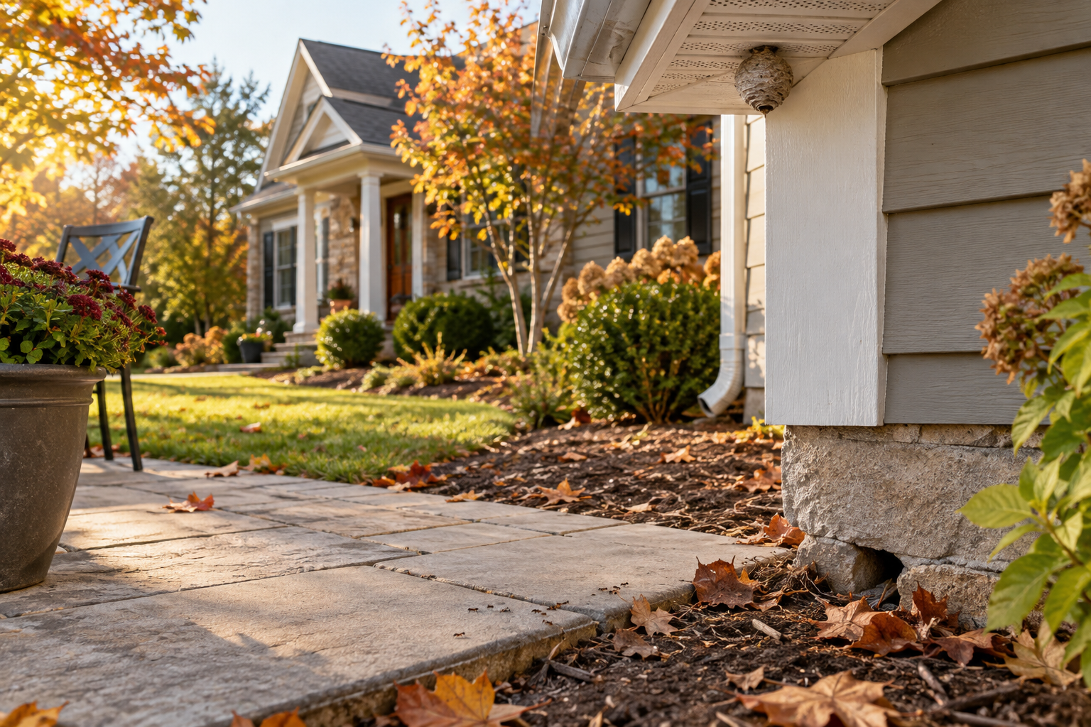 Suburban home with seasonal pest risk areas around the eaves, foundation, and garden
