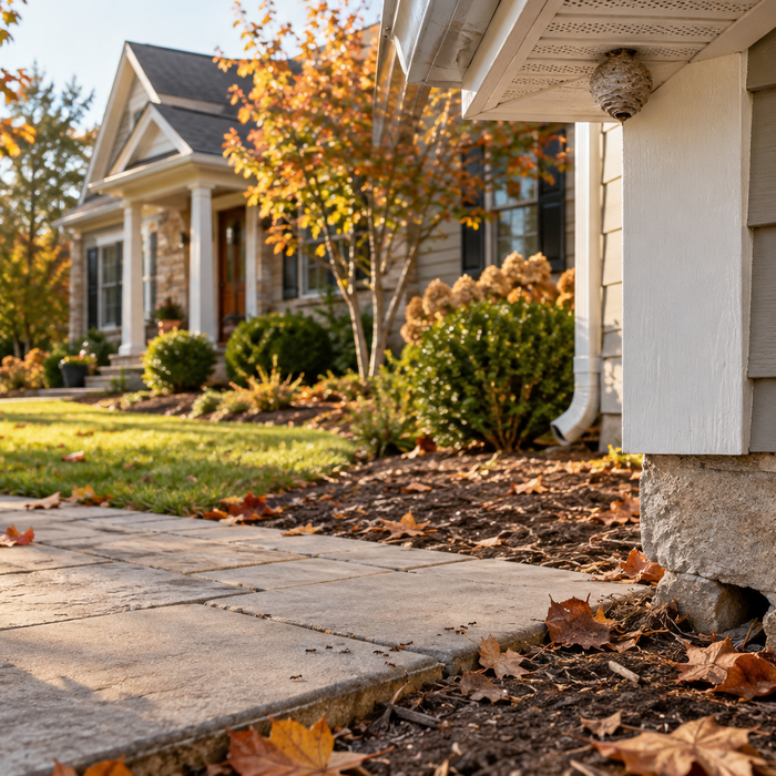 Suburban home with seasonal pest risk areas around the eaves, foundation, and garden