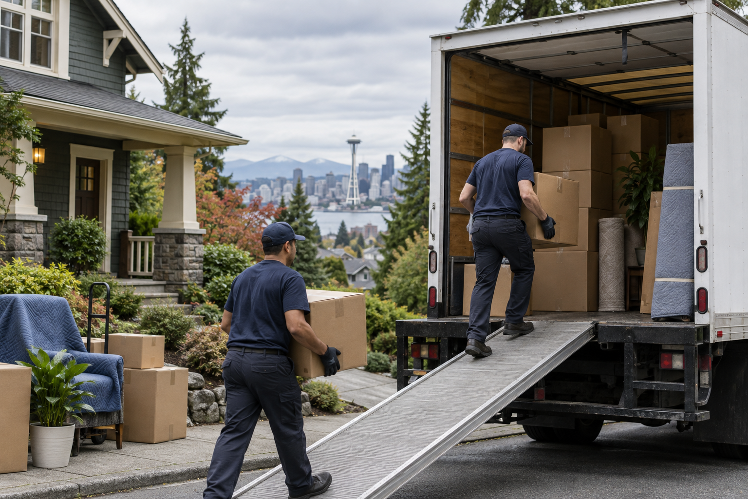 Professional movers loading a truck outside a Seattle home