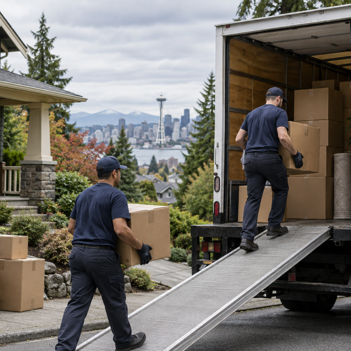 Professional movers loading a truck outside a Seattle home