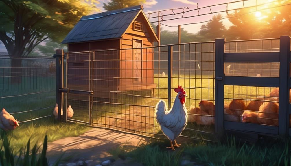 Chicken coop and fenced yard at sunset