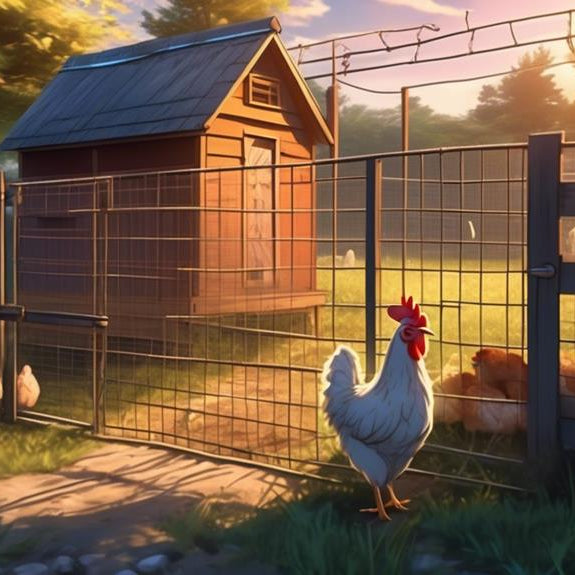 Chicken coop and fenced yard at sunset