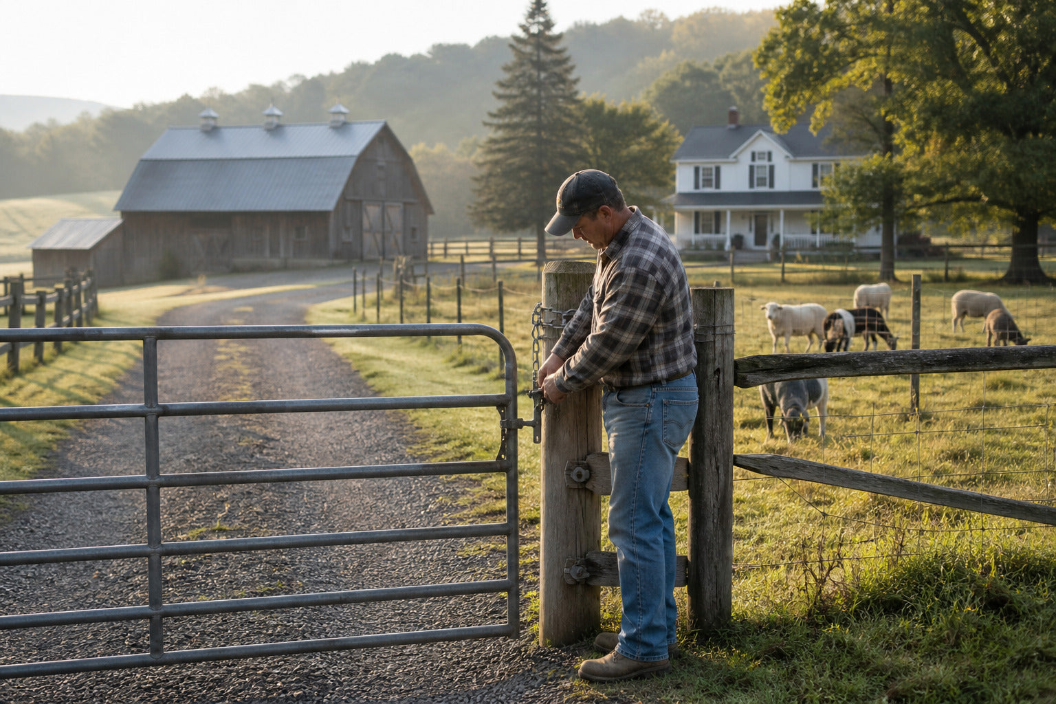 Homestead owner securing the entrance gate beside a livestock pasture