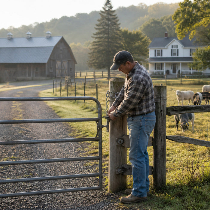 Homestead owner securing the entrance gate beside a livestock pasture