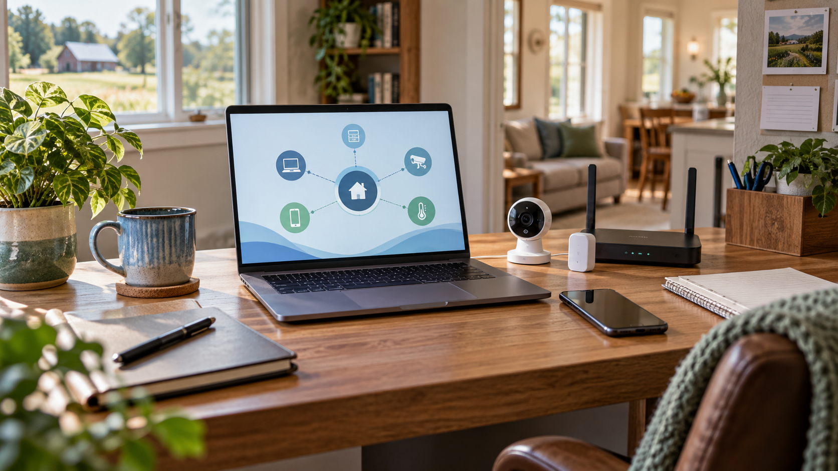 Smart-home devices and a laptop arranged in a secure home office