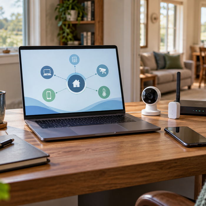 Smart-home devices and a laptop arranged in a secure home office