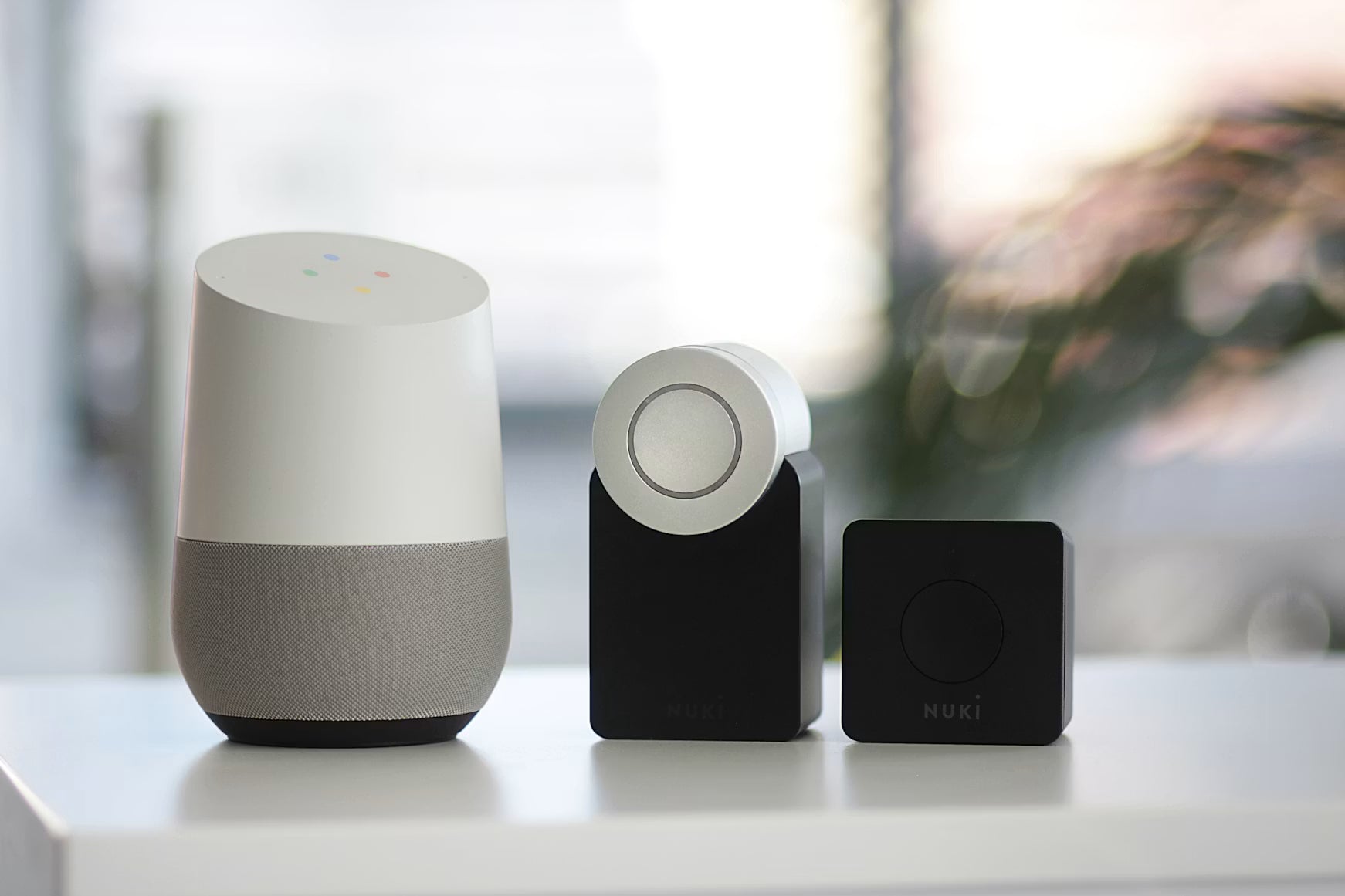 Smart speaker and connected home devices on a table