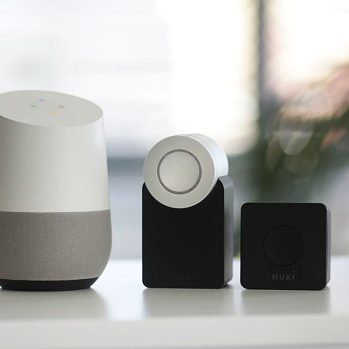 Smart speaker and connected home devices on a table