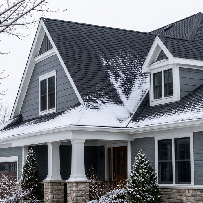 Snow-covered house with dark shingles and dormer windows